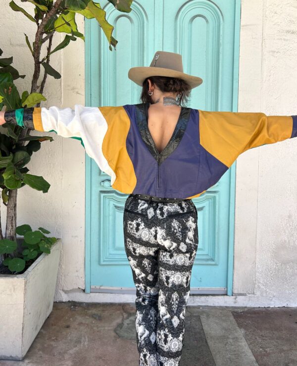 INSANELY AMAZING!!! 1980S LEATHER PATCHWORK CROPPED LONG SLEEVE DOLMAN TOP, SNAKESKIN PANELS