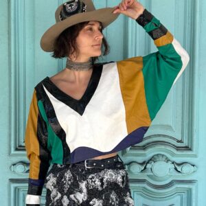 Photo detail:INSANELY AMAZING!!! 1980S LEATHER PATCHWORK CROPPED LONG SLEEVE DOLMAN TOP, SNAKESKIN PANELS