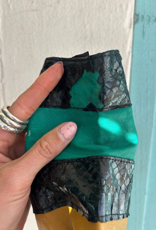 INSANELY AMAZING!!! 1980S LEATHER PATCHWORK CROPPED LONG SLEEVE DOLMAN TOP, SNAKESKIN PANELS