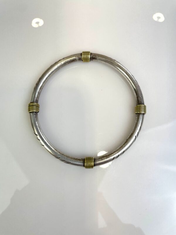 925 STERLING SILVER & BRASS COILED DETAIL BANGLE BRACELET ETCHED DETAIL