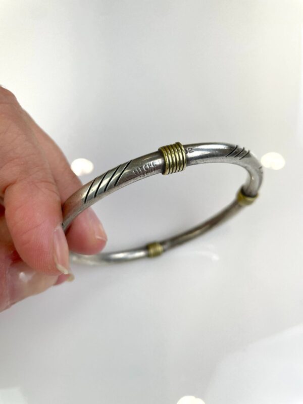 925 STERLING SILVER & BRASS COILED DETAIL BANGLE BRACELET ETCHED DETAIL