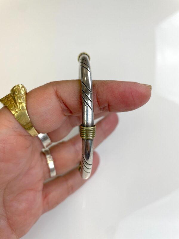 925 STERLING SILVER & BRASS COILED DETAIL BANGLE BRACELET ETCHED DETAIL