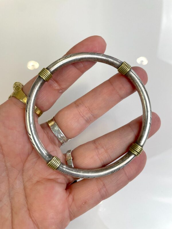 925 STERLING SILVER & BRASS COILED DETAIL BANGLE BRACELET ETCHED DETAIL