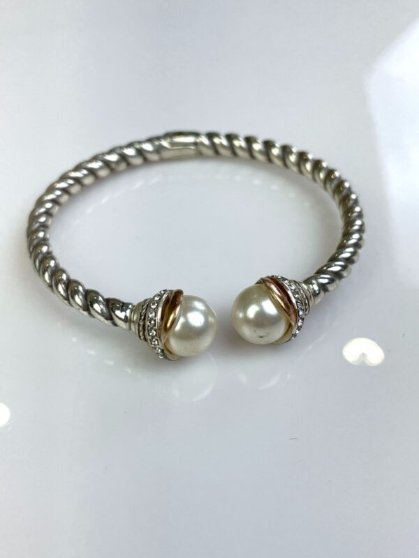 HINGED TWISTED SILVER BRACELET PEARL & RHINESTONE ADORNMENTS
