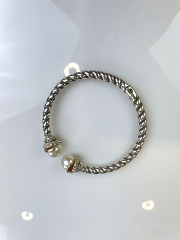HINGED TWISTED SILVER BRACELET PEARL & RHINESTONE ADORNMENTS