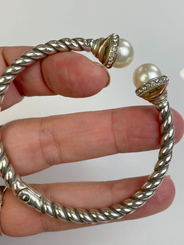 HINGED TWISTED SILVER BRACELET PEARL & RHINESTONE ADORNMENTS