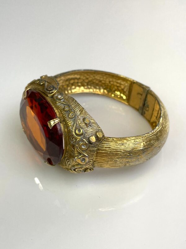 *SIGNED ORNATE HINGED BRASS CUFF BRACELET OVERSIZED AMBER JEWEL ADORNMENT