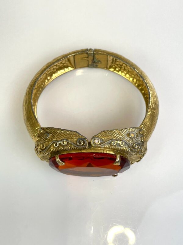 *SIGNED ORNATE HINGED BRASS CUFF BRACELET OVERSIZED AMBER JEWEL ADORNMENT