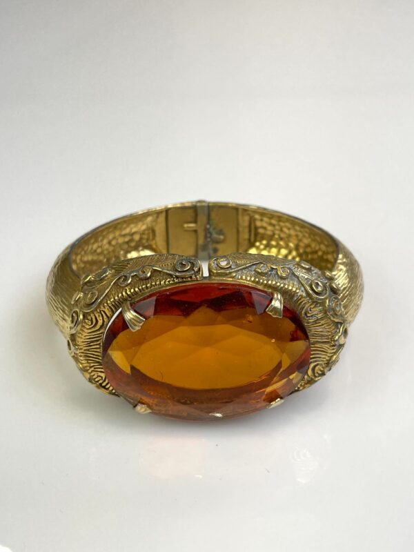 *SIGNED ORNATE HINGED BRASS CUFF BRACELET OVERSIZED AMBER JEWEL ADORNMENT