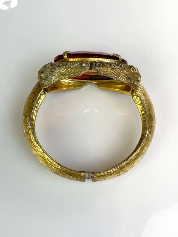 *SIGNED ORNATE HINGED BRASS CUFF BRACELET OVERSIZED AMBER JEWEL ADORNMENT