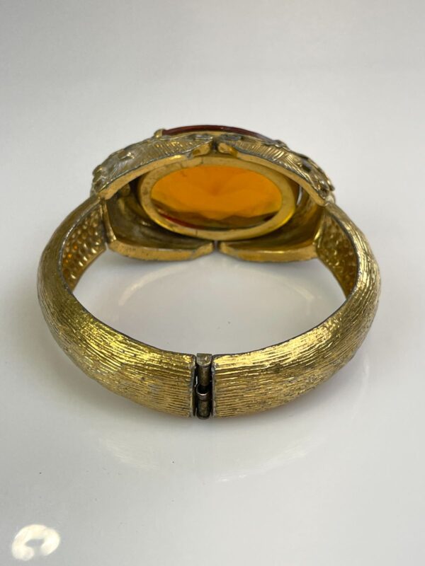 *SIGNED ORNATE HINGED BRASS CUFF BRACELET OVERSIZED AMBER JEWEL ADORNMENT
