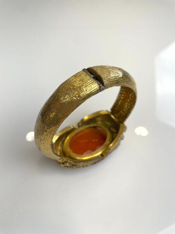 *SIGNED ORNATE HINGED BRASS CUFF BRACELET OVERSIZED AMBER JEWEL ADORNMENT