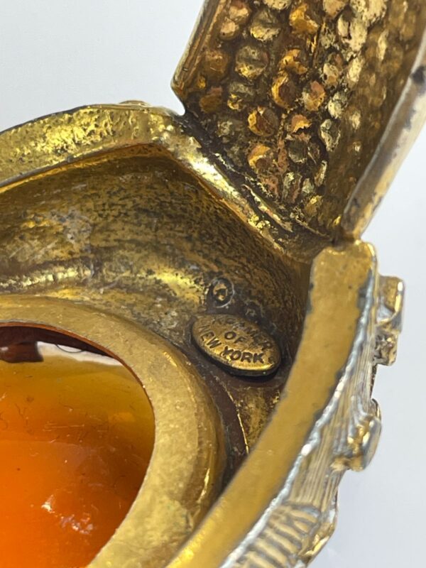 *SIGNED ORNATE HINGED BRASS CUFF BRACELET OVERSIZED AMBER JEWEL ADORNMENT