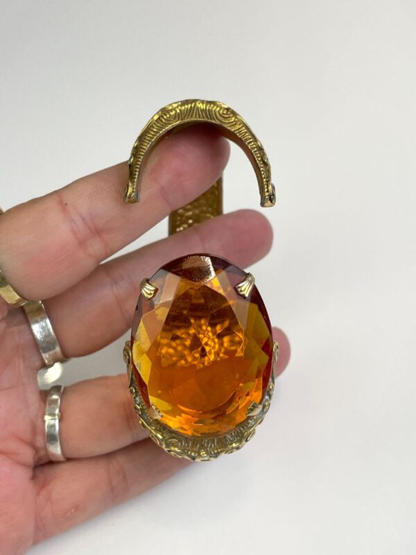 *SIGNED ORNATE HINGED BRASS CUFF BRACELET OVERSIZED AMBER JEWEL ADORNMENT