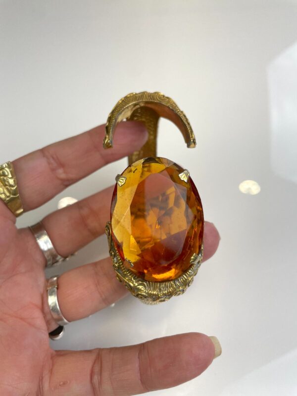*SIGNED ORNATE HINGED BRASS CUFF BRACELET OVERSIZED AMBER JEWEL ADORNMENT