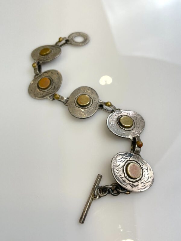 TRI-TONE SILVER, BRASS & COPPER BRUTALIST STYLE CHAIN LINK BRACELET, TOGGLE CLOSURE