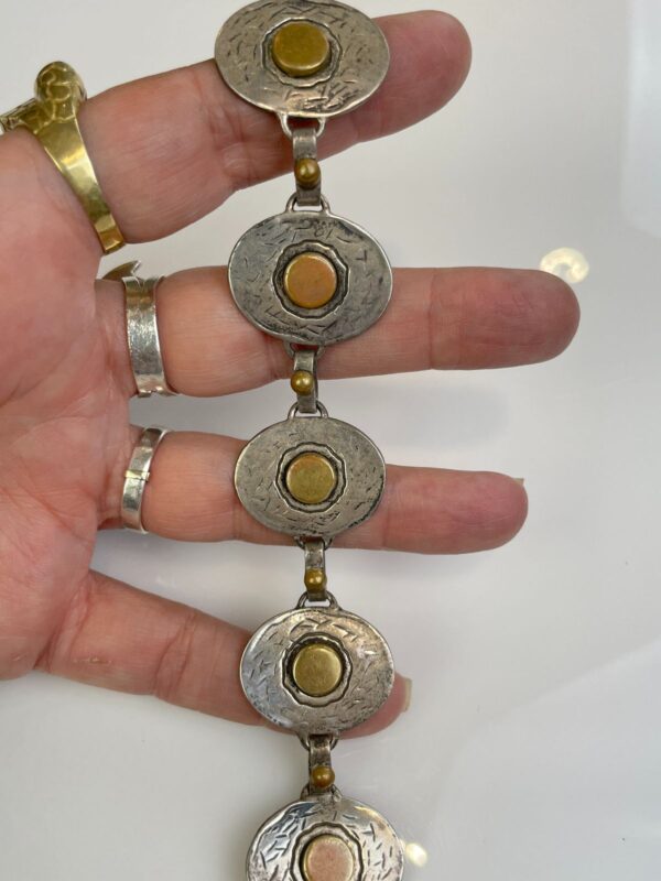 TRI-TONE SILVER, BRASS & COPPER BRUTALIST STYLE CHAIN LINK BRACELET, TOGGLE CLOSURE