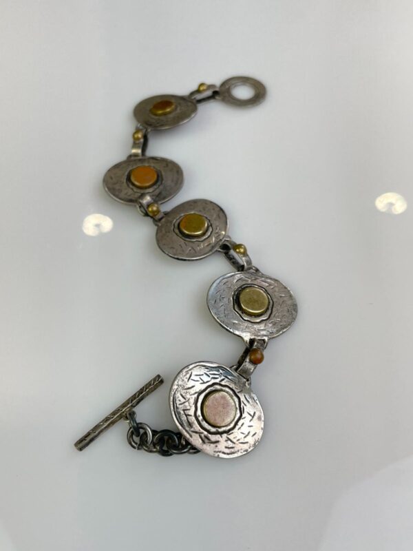 TRI-TONE SILVER, BRASS & COPPER BRUTALIST STYLE CHAIN LINK BRACELET, TOGGLE CLOSURE