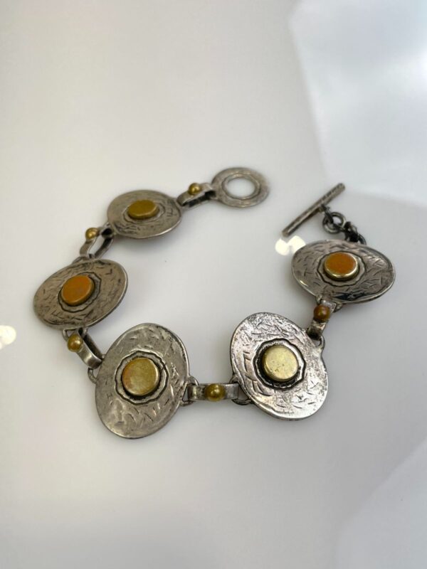 TRI-TONE SILVER, BRASS & COPPER BRUTALIST STYLE CHAIN LINK BRACELET, TOGGLE CLOSURE