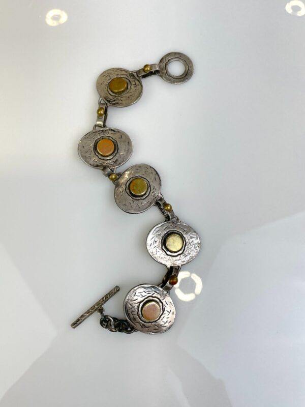 TRI-TONE SILVER, BRASS & COPPER BRUTALIST STYLE CHAIN LINK BRACELET, TOGGLE CLOSURE