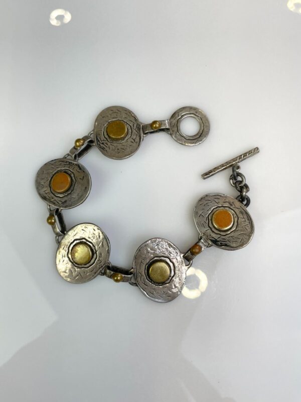TRI-TONE SILVER, BRASS & COPPER BRUTALIST STYLE CHAIN LINK BRACELET, TOGGLE CLOSURE