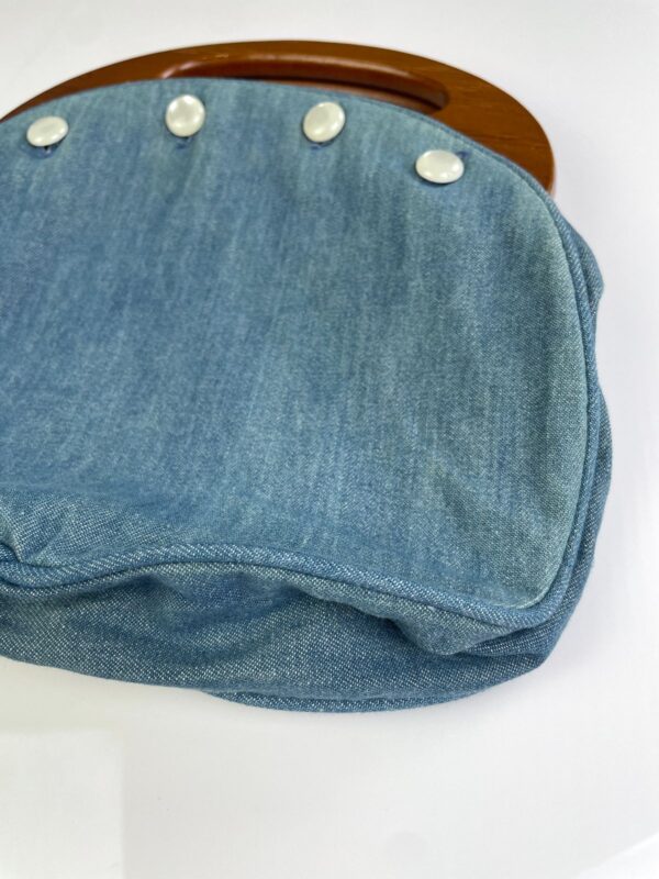 RETRO HANDMADE DENIM & SOLID WOOD HANDLE BAG, PEARLY BUTTONED HIDDEN POCKETS