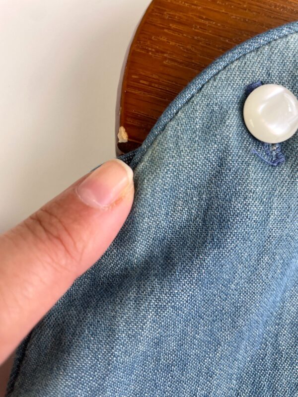 RETRO HANDMADE DENIM & SOLID WOOD HANDLE BAG, PEARLY BUTTONED HIDDEN POCKETS