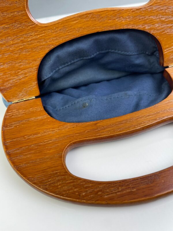 RETRO HANDMADE DENIM & SOLID WOOD HANDLE BAG, PEARLY BUTTONED HIDDEN POCKETS
