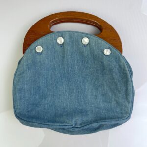 Photo detail:RETRO HANDMADE DENIM & SOLID WOOD HANDLE BAG, PEARLY BUTTONED HIDDEN POCKETS