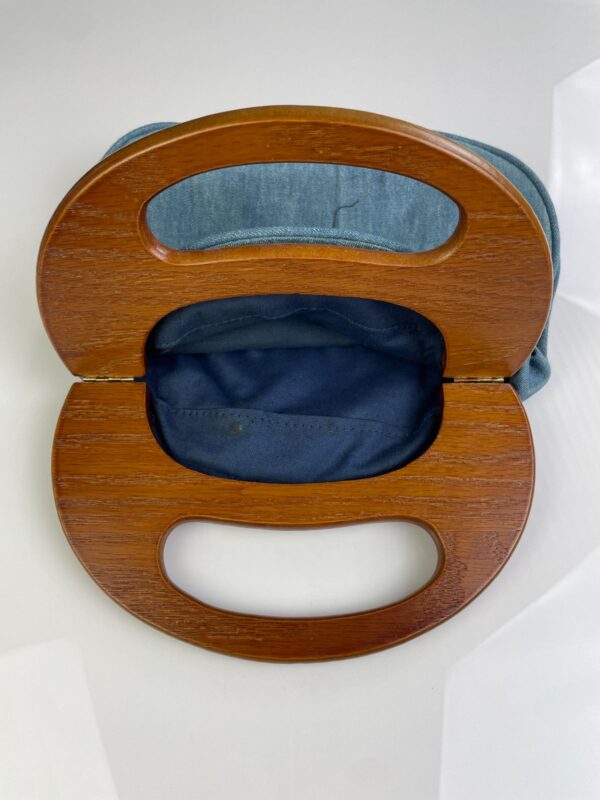 RETRO HANDMADE DENIM & SOLID WOOD HANDLE BAG, PEARLY BUTTONED HIDDEN POCKETS