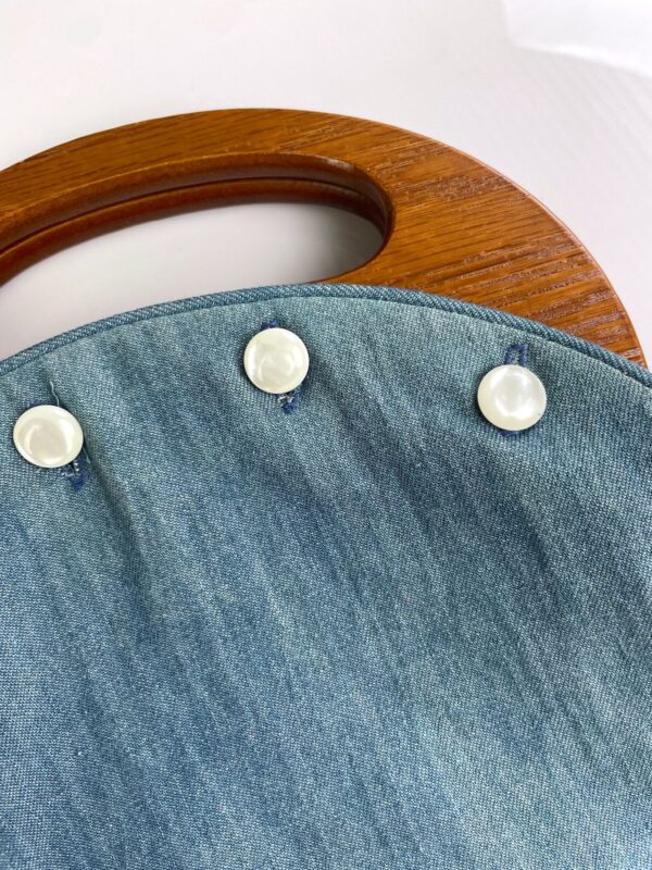 RETRO HANDMADE DENIM & SOLID WOOD HANDLE BAG, PEARLY BUTTONED HIDDEN POCKETS