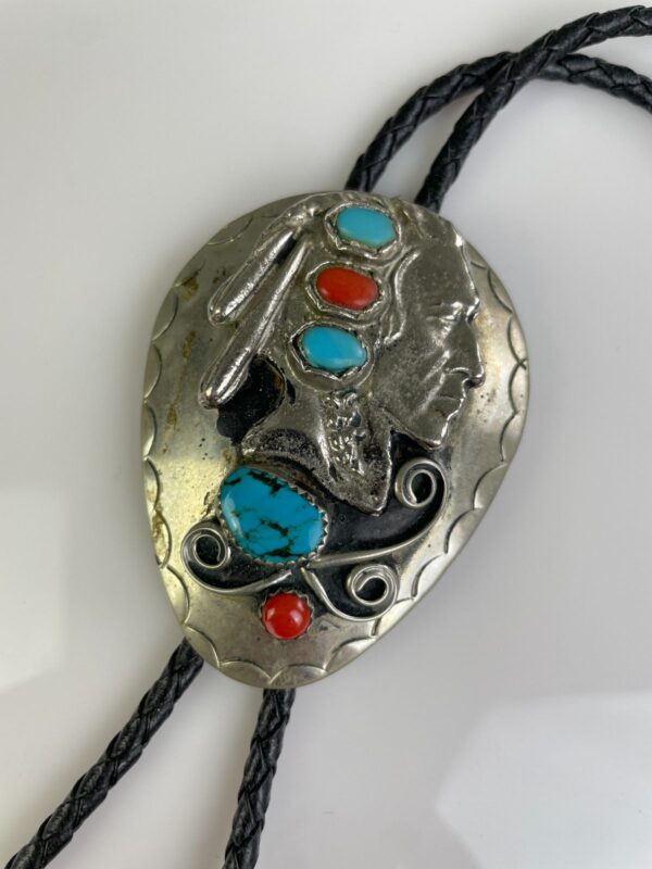 *AS-IS* OVERSIZED NATIVE AMERICAN PROFILE BOLO TIE TURQUOISE & CORAL STONES, BRAIDED LEATHER CORD