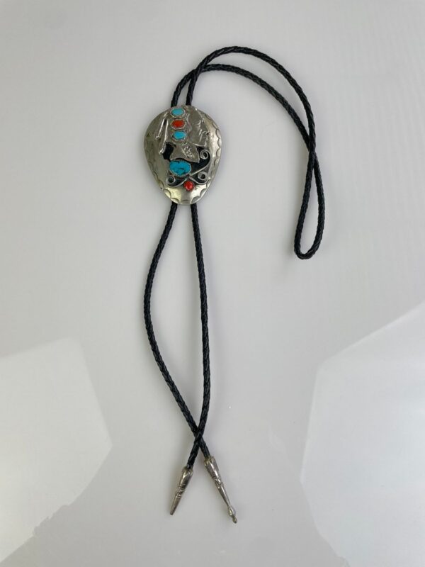 *AS-IS* OVERSIZED NATIVE AMERICAN PROFILE BOLO TIE TURQUOISE & CORAL STONES, BRAIDED LEATHER CORD