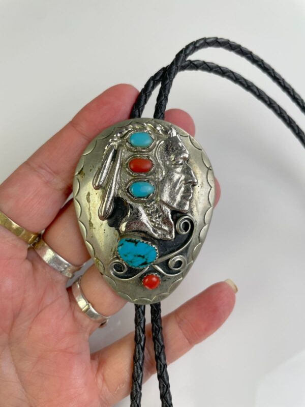 *AS-IS* OVERSIZED NATIVE AMERICAN PROFILE BOLO TIE TURQUOISE & CORAL STONES, BRAIDED LEATHER CORD