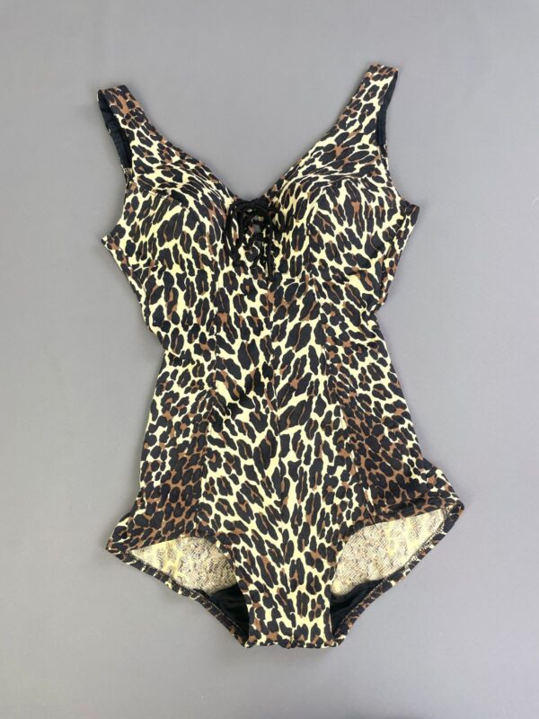 *AS-IS* 1960S COTTON BLEND ONE PIECE CHEETAH PRINT BATHING SUIT, STRUCTURED CUPS, LACE UP FRONT