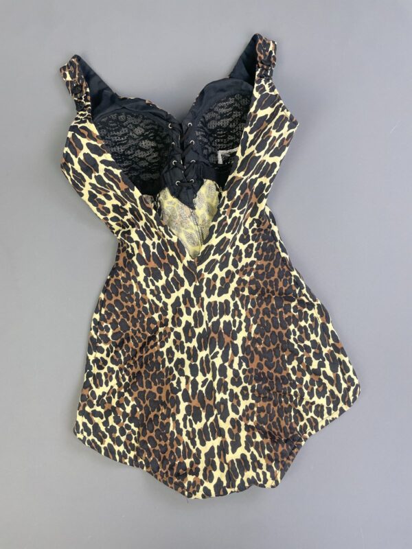 *AS-IS* 1960S COTTON BLEND ONE PIECE CHEETAH PRINT BATHING SUIT, STRUCTURED CUPS, LACE UP FRONT