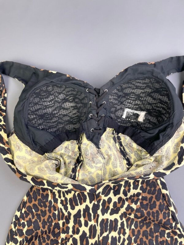 *AS-IS* 1960S COTTON BLEND ONE PIECE CHEETAH PRINT BATHING SUIT, STRUCTURED CUPS, LACE UP FRONT