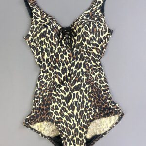Photo detail:*AS-IS* 1960S COTTON BLEND ONE PIECE CHEETAH PRINT BATHING SUIT, STRUCTURED CUPS, LACE UP FRONT