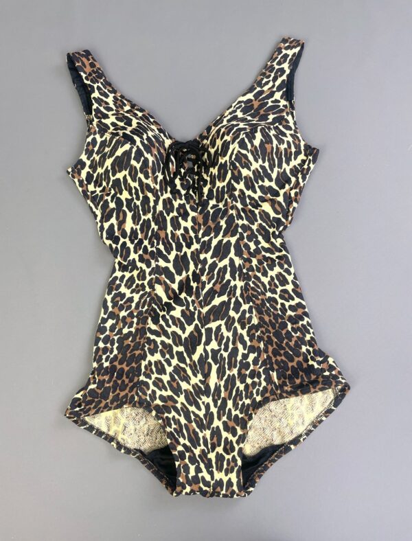 *AS-IS* 1960S COTTON BLEND ONE PIECE CHEETAH PRINT BATHING SUIT, STRUCTURED CUPS, LACE UP FRONT