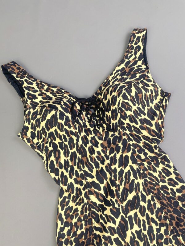 *AS-IS* 1960S COTTON BLEND ONE PIECE CHEETAH PRINT BATHING SUIT, STRUCTURED CUPS, LACE UP FRONT