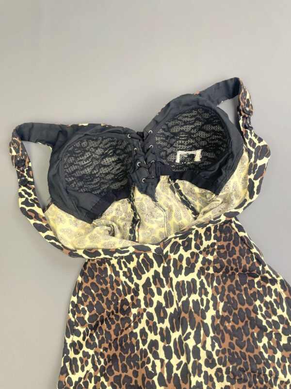 *AS-IS* 1960S COTTON BLEND ONE PIECE CHEETAH PRINT BATHING SUIT, STRUCTURED CUPS, LACE UP FRONT