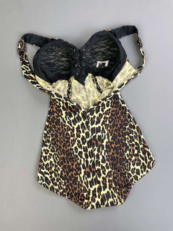 *AS-IS* 1960S COTTON BLEND ONE PIECE CHEETAH PRINT BATHING SUIT, STRUCTURED CUPS, LACE UP FRONT