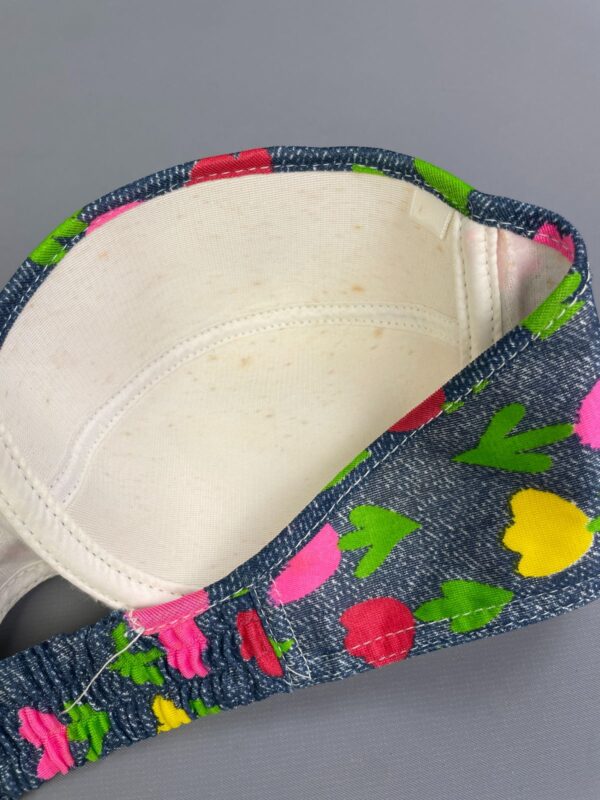 ADORABLE! 1960S FAUX DENIM & COLORFUL TULIP PRINT UNDERWIRE STRAPLESS BRA TOP
