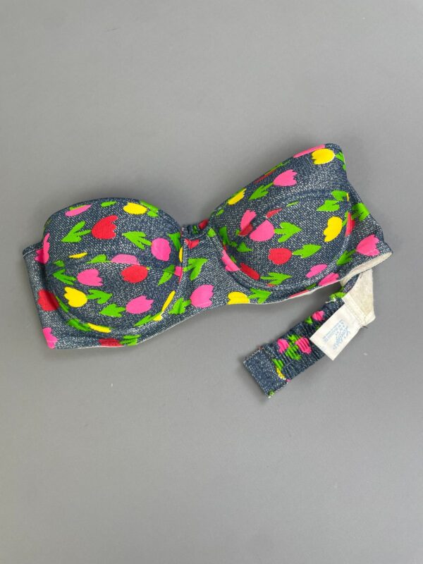ADORABLE! 1960S FAUX DENIM & COLORFUL TULIP PRINT UNDERWIRE STRAPLESS BRA TOP