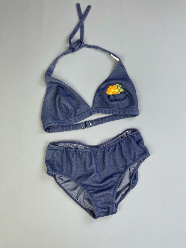 SWEET! 1970S EMBROIDERED CHAMBRAY DENIM 2 PIECE BATHING SUIT WITH BACK POCKET!!