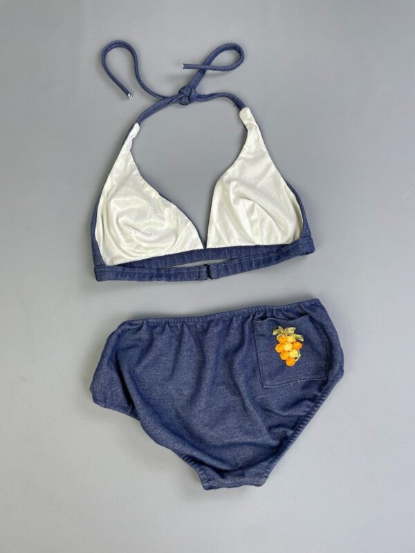 SWEET! 1970S EMBROIDERED CHAMBRAY DENIM 2 PIECE BATHING SUIT WITH BACK POCKET!!