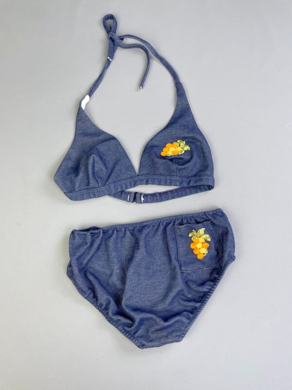 SWEET! 1970S EMBROIDERED CHAMBRAY DENIM 2 PIECE BATHING SUIT WITH BACK POCKET!!