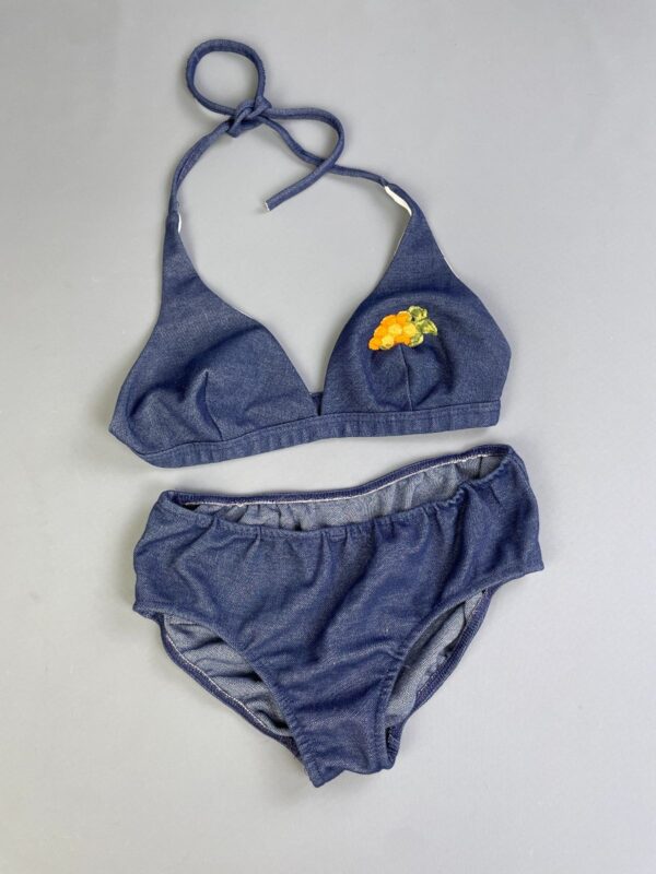 SWEET! 1970S EMBROIDERED CHAMBRAY DENIM 2 PIECE BATHING SUIT WITH BACK POCKET!!
