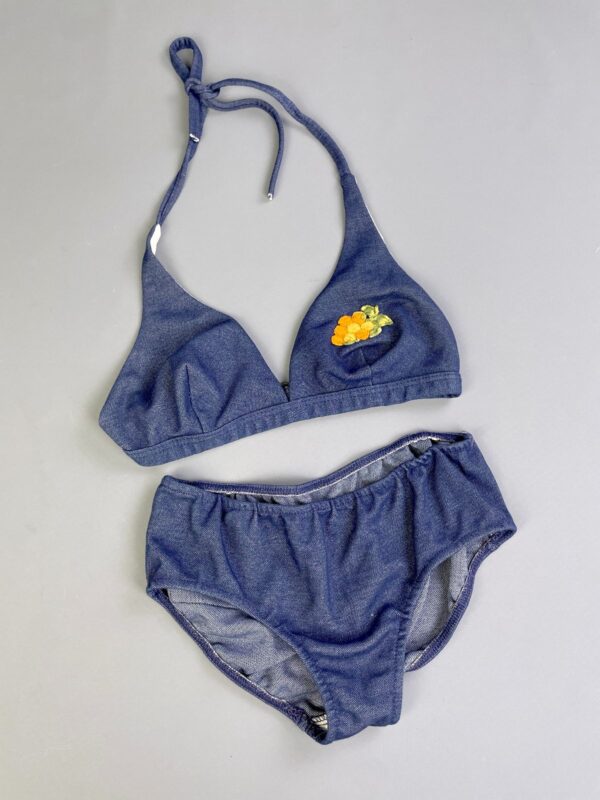 SWEET! 1970S EMBROIDERED CHAMBRAY DENIM 2 PIECE BATHING SUIT WITH BACK POCKET!!
