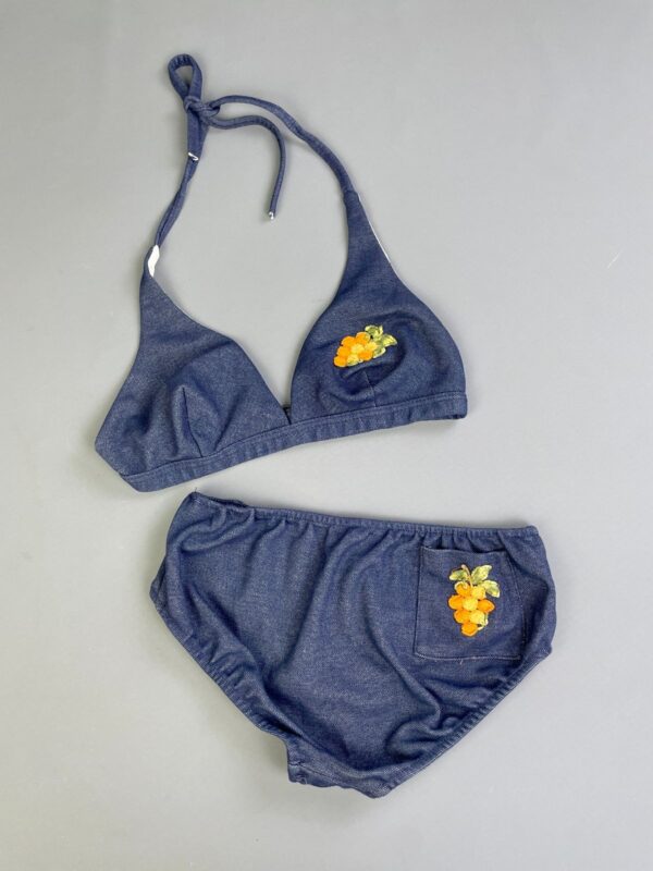 SWEET! 1970S EMBROIDERED CHAMBRAY DENIM 2 PIECE BATHING SUIT WITH BACK POCKET!!